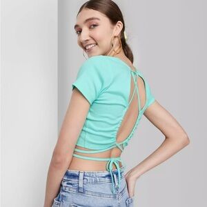 Women's Short Sleeve Lace-Up Back Baby T-Shirt - Wild Fable, Light Aqua Blue, S
